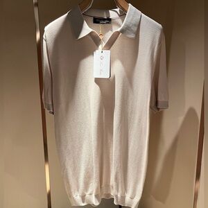 Loro Piana Cream Short-Sleeve Polo with Light Gray Collar